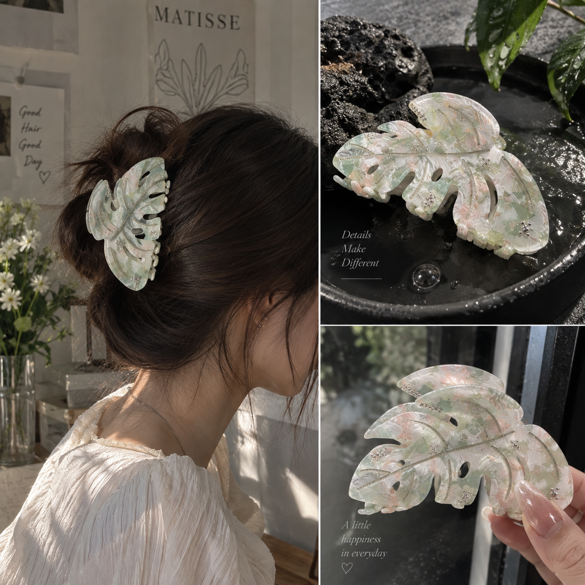Pearlescent Botanical Leaf Hair Claw